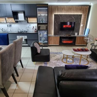 Open plan living room area with TV with Netflix subscription and LED electric fireplace. The is a sofa couch that coverts to a single bed.