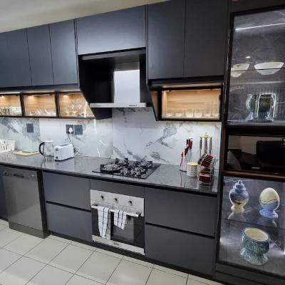 Fully equipped kitchen with washer/dryer combo, dishwasher, gas stove and oven, microwave and fridge.