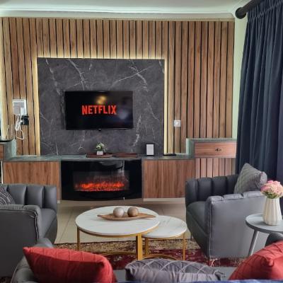 Smart TV with netflix subscription. LED electric fireplace for winters. Workspace area with hairdryer and ethernet cable.