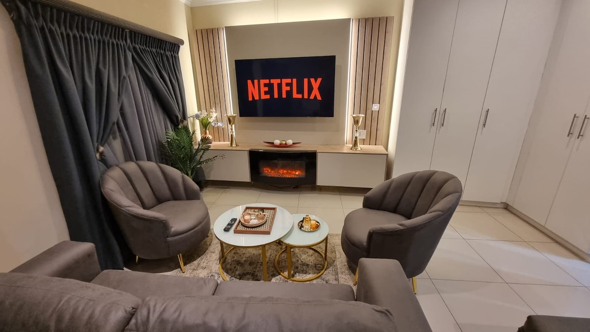 Living room area with TV with netflix streaming service and electric LED heater.