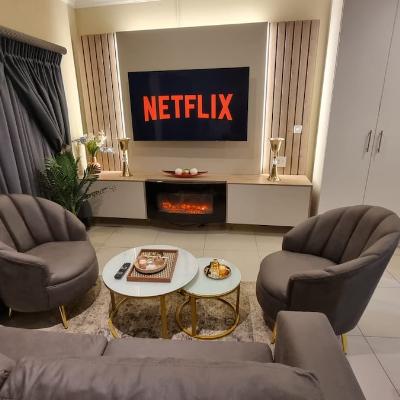 Living room area with TV with netflix streaming service and electric LED heater.
