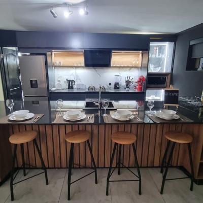 Full kitchen with gas stove and oven, microwave oven, blender, toaster, kettle, fridge, washer/dryer combo, and dishwasher.