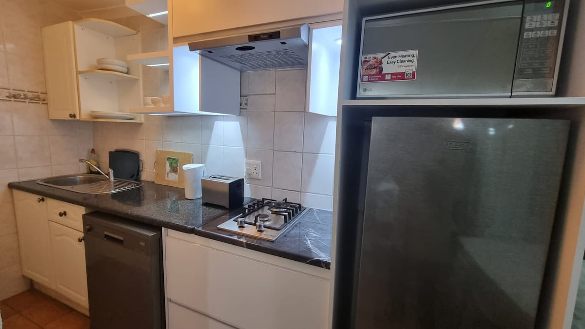 Kitchen with gas stove, dishwasher, microwave oven, fridge and basic cooking utensils.