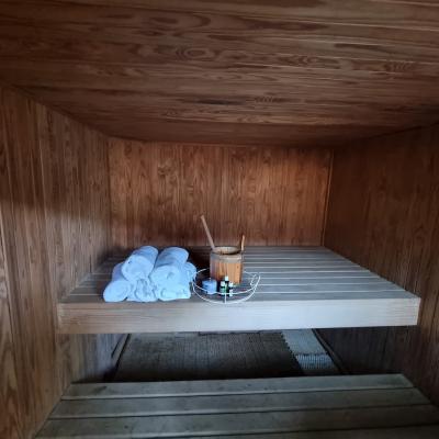 Large 6 person sauna overlooking the pool area.
