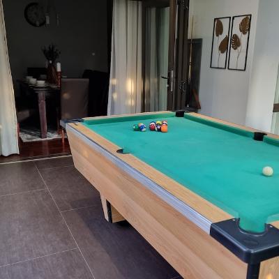 Pool table overlooking the pool and garden area