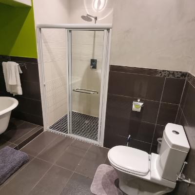 Bathroom with both a shower and a bath tub. Hot water is supplied from a large solar geyser.