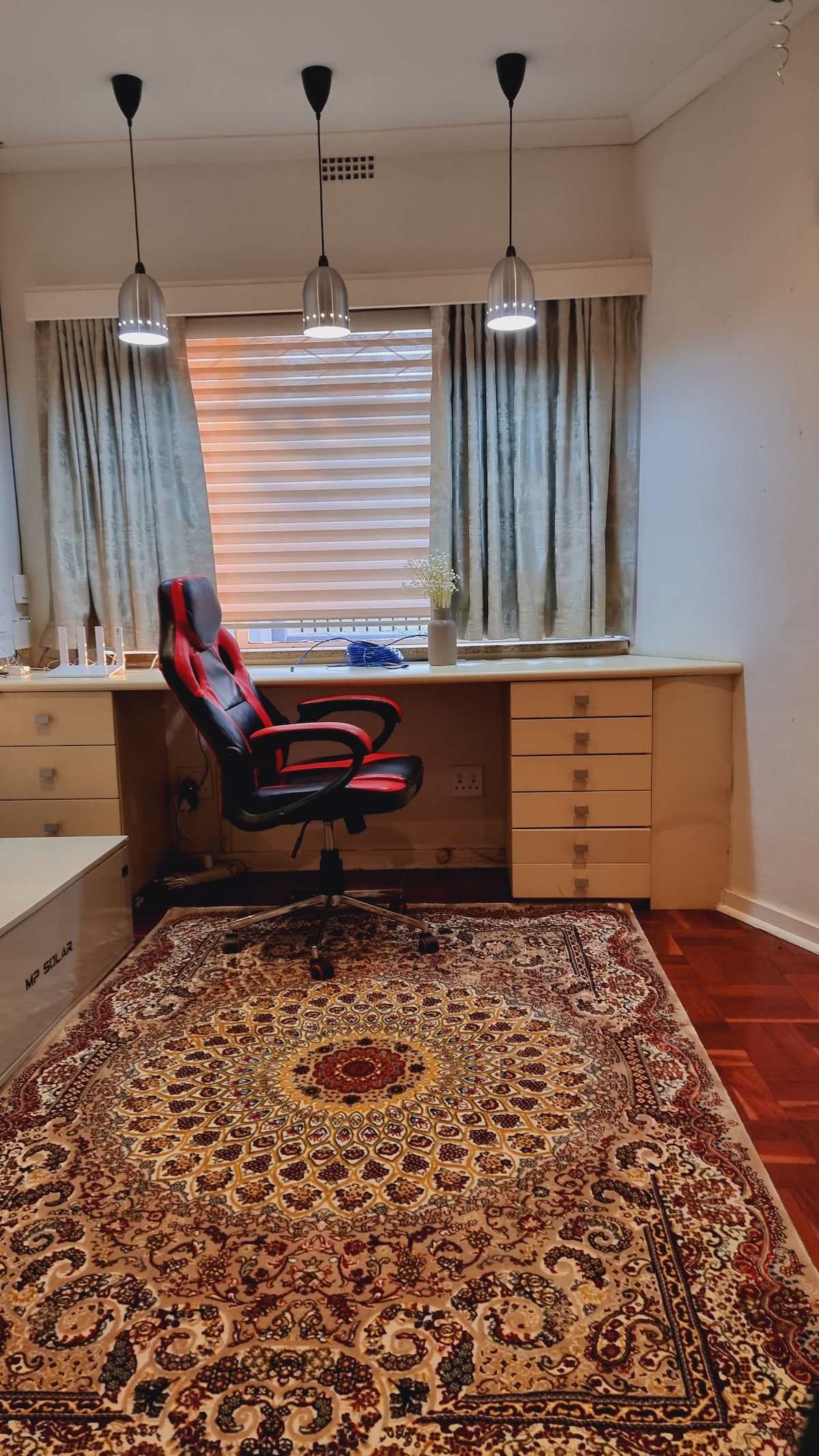 Office room with ethernet cable. All plugs are fed from a solar powered battery inverter.