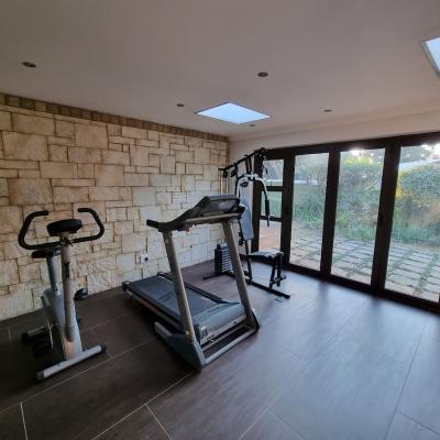 Gym with stationary bike, treadmill, and trojan weight power gym