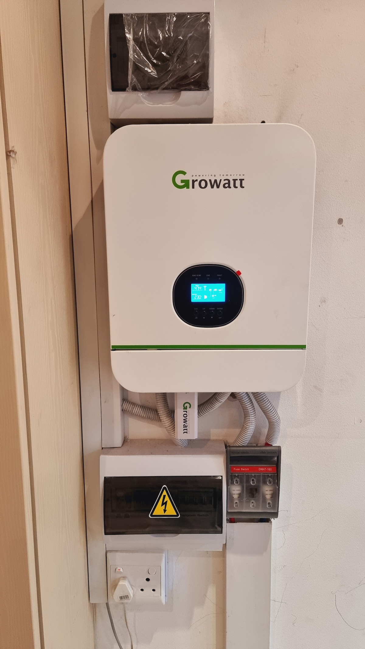 Solar powered batter inverter that powers critical plugs inside the house including the office, TV, media wall, fridge, microwave oven, stove and plugs in the bedrooms