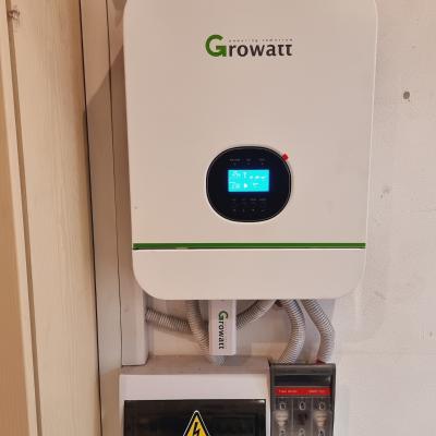 Solar powered batter inverter that powers critical plugs inside the house including the office, TV, media wall, fridge, microwave oven, stove and plugs in the bedrooms